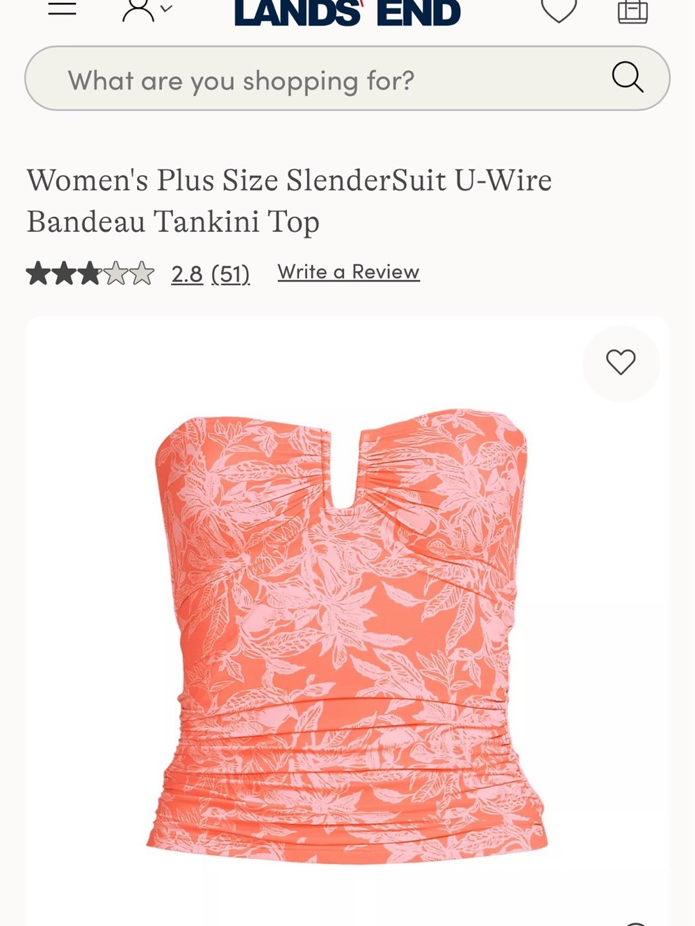 NWT Lands End Plus Slendersuit U-Wire Bandeau Tankini Top